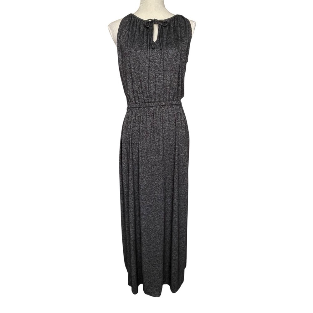 Loft Heather Gray Women’s Maxi Dress Size M Sleeveless Cinched Waist Tie Neck